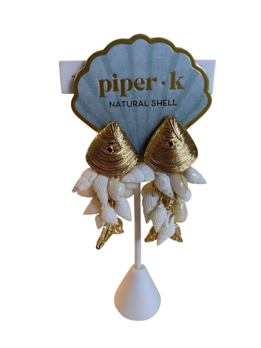 Piper k Gold Tone Fish Head Dangle Natural Shell Drop Earrings.